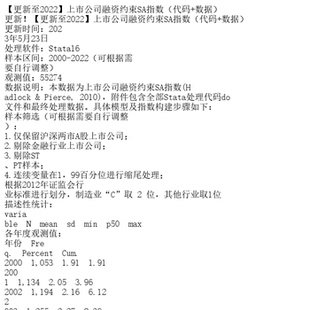 【更新至2022】上市公司融资约束SA指数（代码+数据）