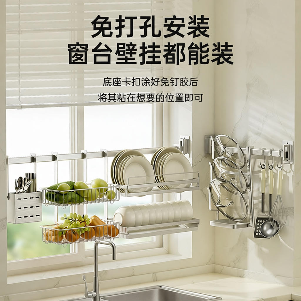 304不锈钢厨房窗户置物架墙上壁挂免打孔碗碟沥水架窗台收纳挂架