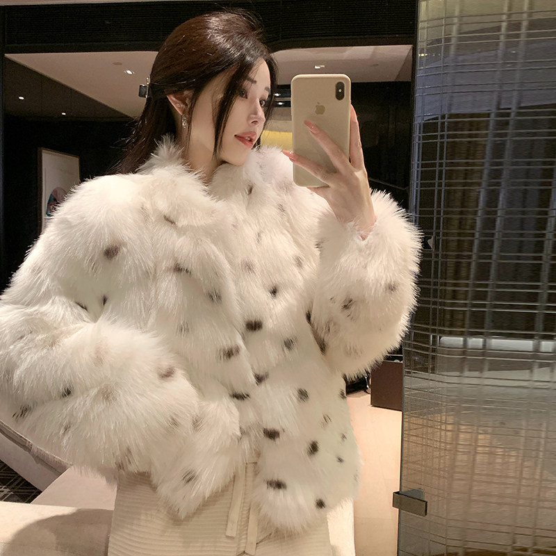 实拍韩版环保皮草翻领仿狐狸毛重工豹纹皮草外套新款女毛毛年轻款