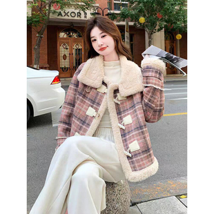 格子皮毛一体羊羔绒外套女短款冬季2025新款爆款小个子羊羔毛棉服