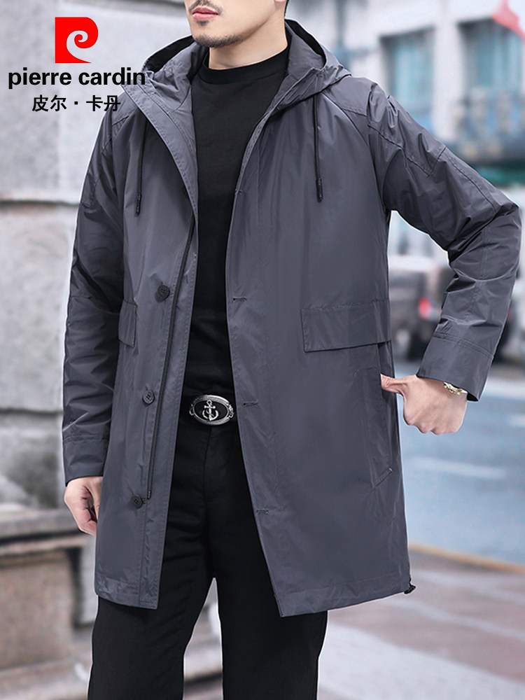 PIERRE CARDIN 2024 NEW MENS MIDDLE-AGED HOODED TRENCH COAT MID-LENGTH CASUAL THIN SPRING AND AUTUMN WINDBREAKER MEN