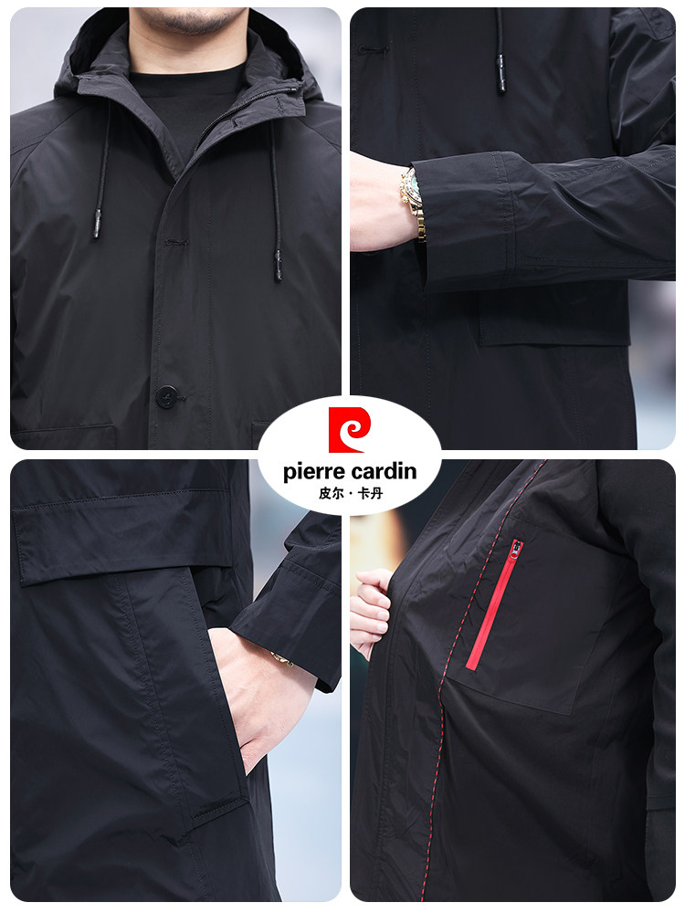 PIERRE CARDIN 2024 NEW MENS MIDDLE-AGED HOODED TRENCH COAT MID-LENGTH CASUAL THIN SPRING AND AUTUMN WINDBREAKER MEN