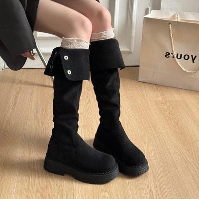 过膝长靴女2024新款秋冬小个子增高厚底两穿翻折美拉德靴子长筒靴