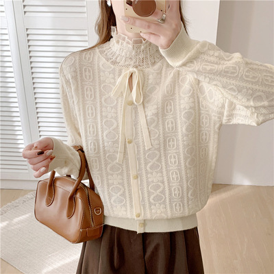 法式超细羊毛蕾丝半高领系带针织衫毛衣打底衫2025秋冬新款宽松女