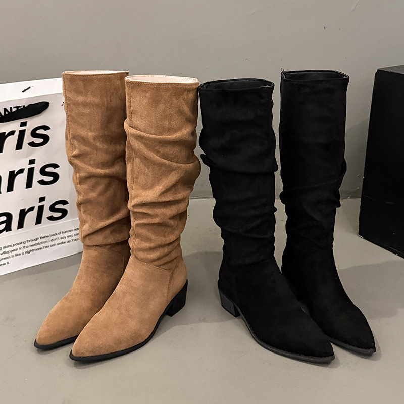 2025年新英伦风复古粗跟骑士靴女百搭圆头不过膝长筒靴褶皱堆堆靴