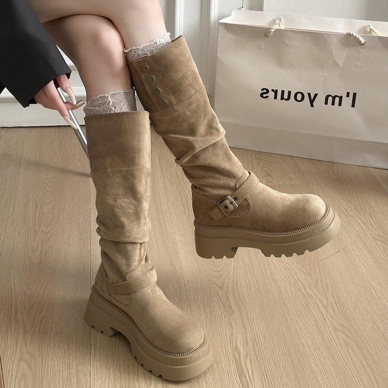 两穿翻折不过膝长筒皱皱靴子女2025秋冬新款时尚排扣厚底骑士靴子