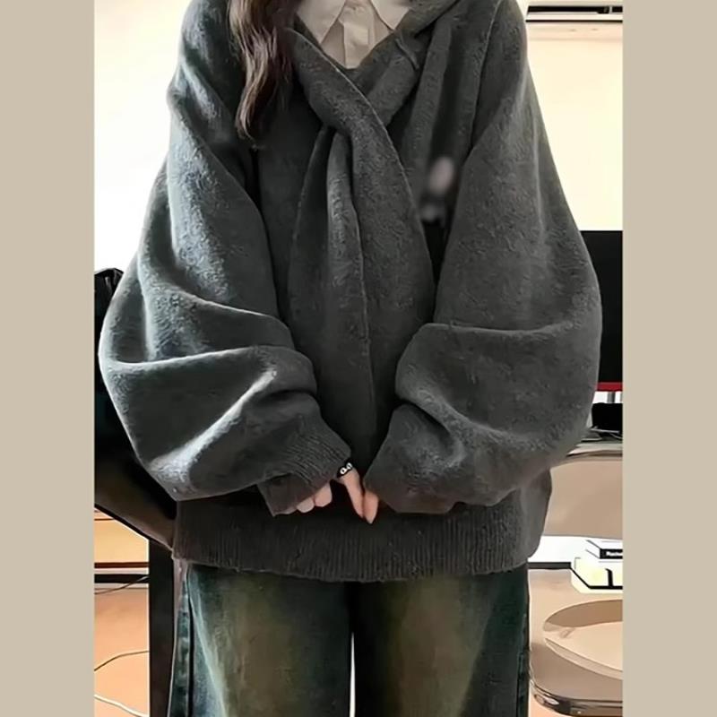 灰色连帽卫衣毛衣女秋冬新款慵懒风高级感日系加厚针织衫上衣