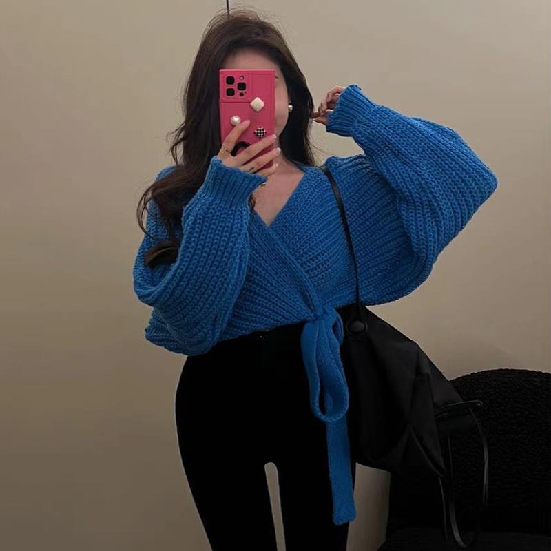 慵懒风领交叉绑带毛衣女秋冬款外穿韩版宽松复古灯笼袖上衣女潮