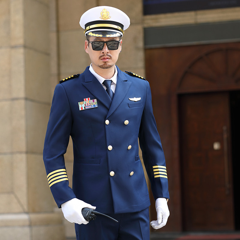 航空套装国航机长制服空少飞行员工作服男保安服浅藏蓝双排扣西装