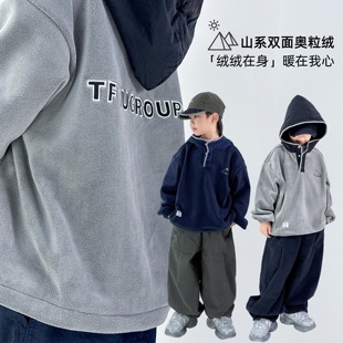 儿童加绒卫衣秋冬加厚保暖一体绒套头中大童连帽上衣男童双面绒潮