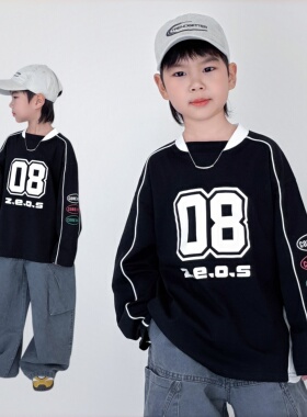 男童长袖T恤美式运动上衣春装新款黑色街头潮酷棉球衣儿童打底衫