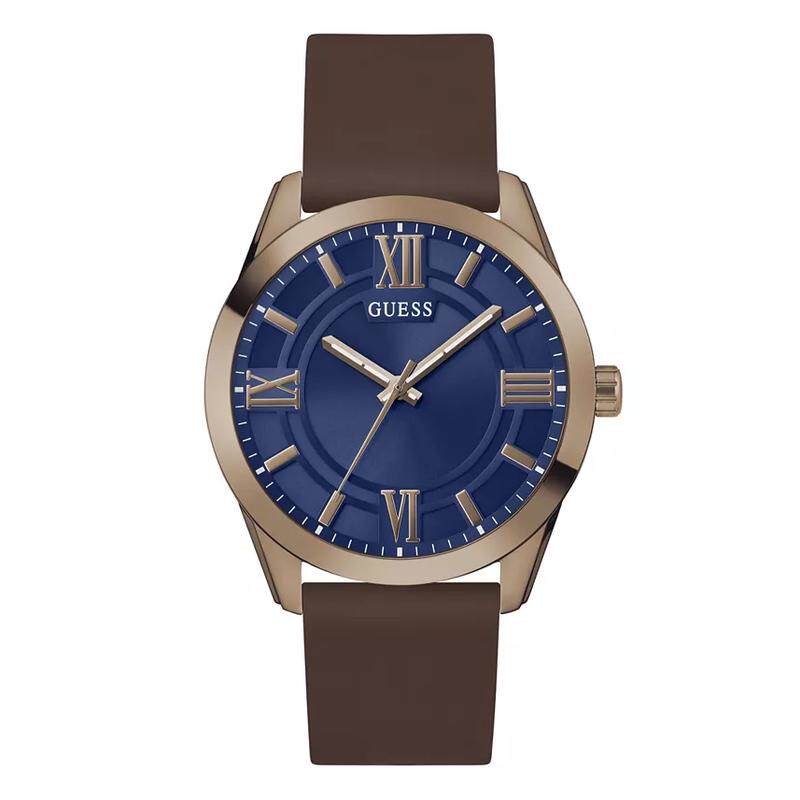 代购GUESS男士腕表模拟夜光日期计时硅胶棕色钢壳防水商务休闲