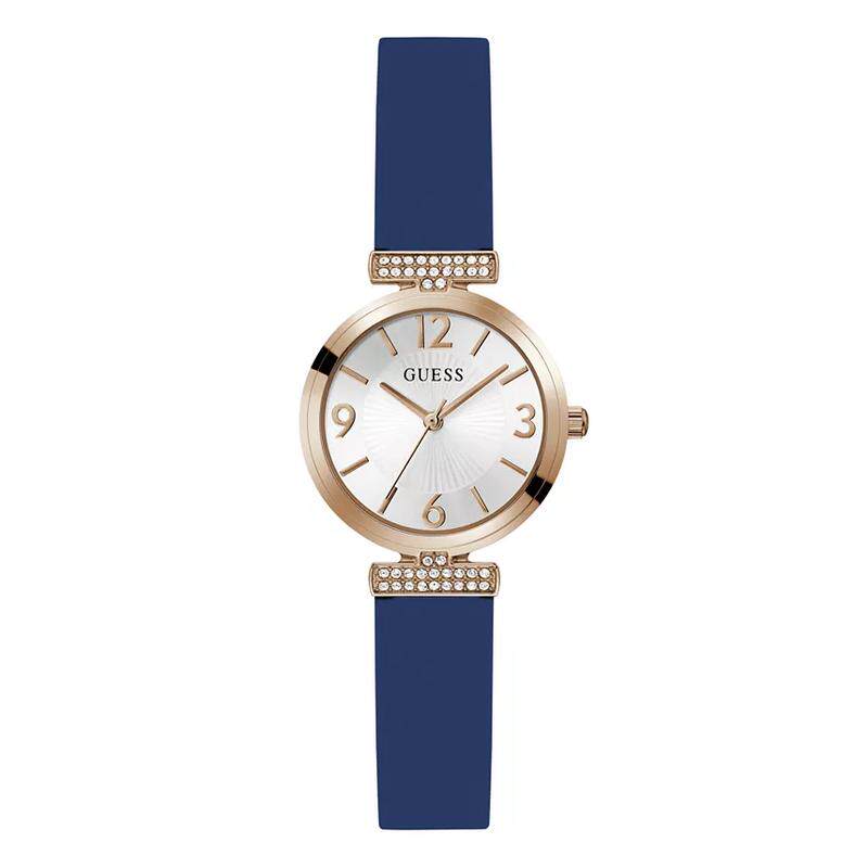 代购GUESS女士腕表指针日期夜光计时硅胶玫瑰金蓝色防水日常通勤