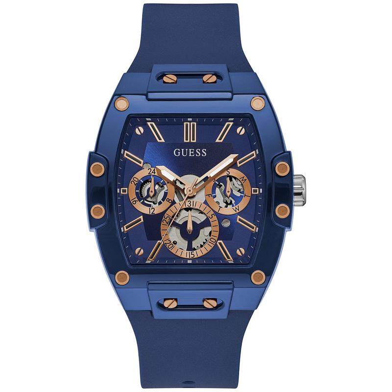 代购GUESS男士腕表计时日期多时区夜光硅胶蓝色方形防水商务运动