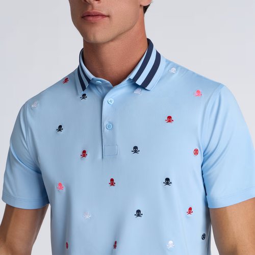 代购GFORE EMBROIDERED舒适透气天蓝色骷髅刺绣印花高尔夫T恤Polo