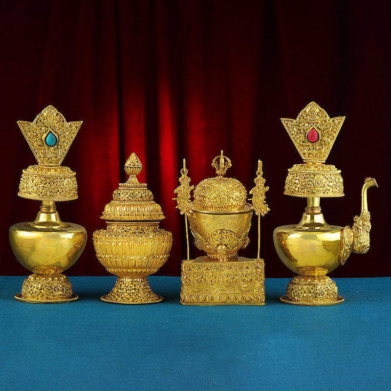 铜鎏金托巴碗文巴壶净水壶米罐宝瓶尼泊尔手工四件套供具贲巴壶