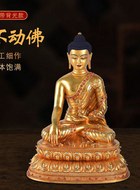 藏式精品黄铜全鎏金镶嵌彩珠带背光不动佛佛像密宗供奉装饰摆件