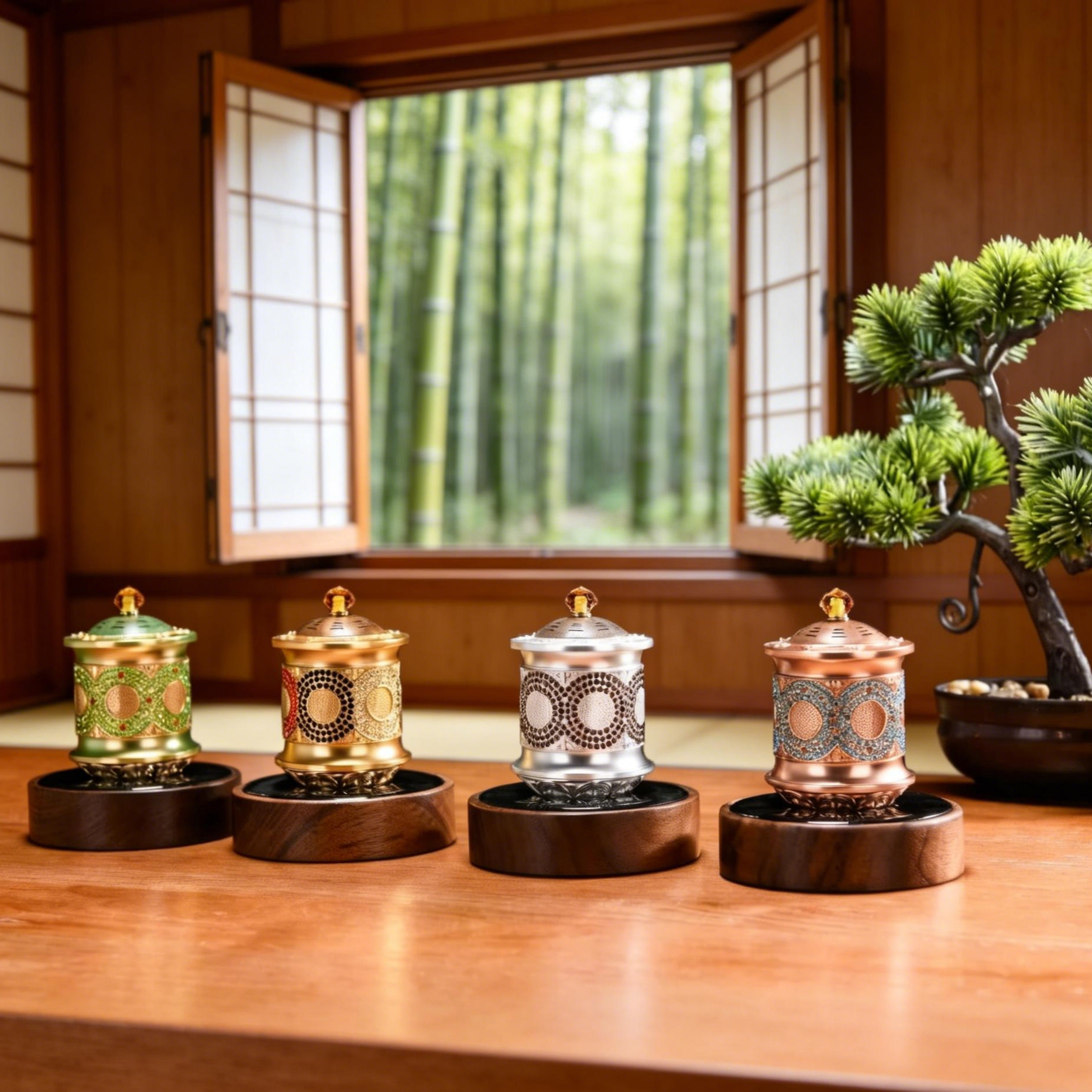 太阳能转金轮转金桶胡桃木制作镶钻k金电镀熏香车载车载转金轮