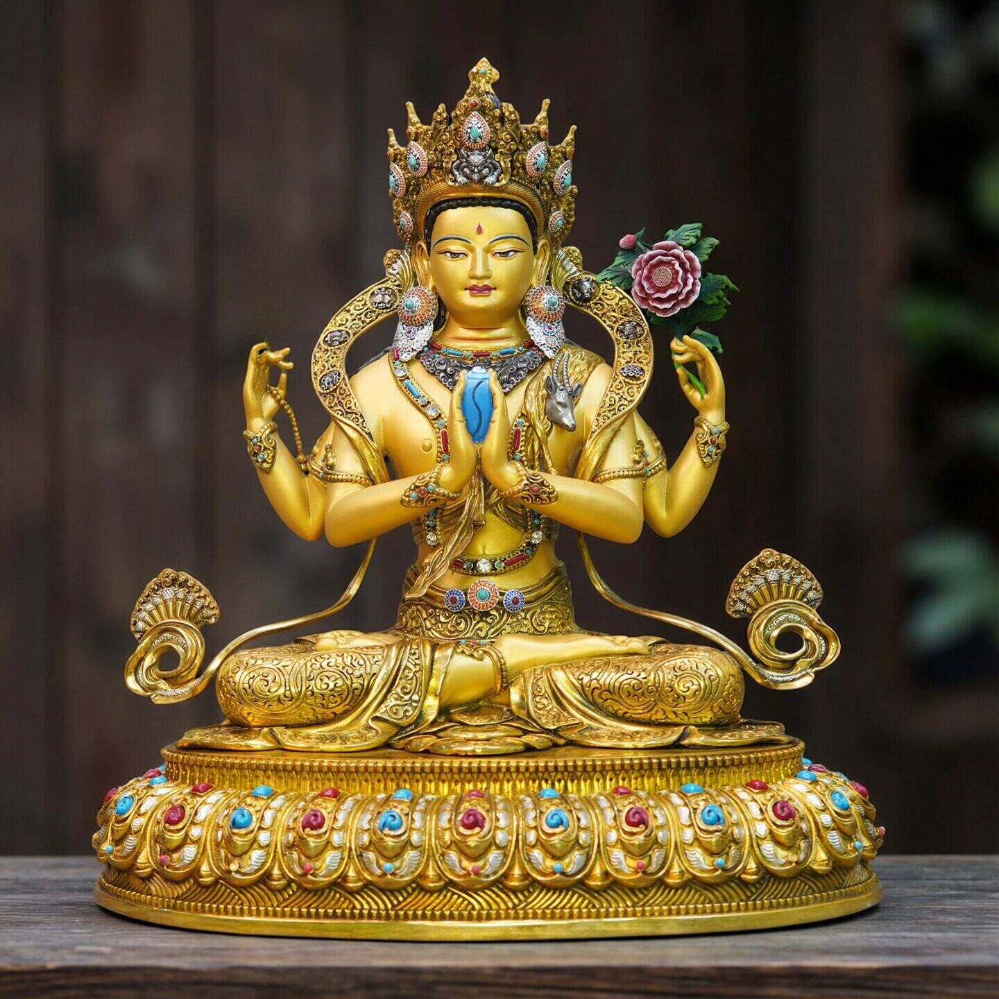 尼泊尔工艺半彩绘四臂观音佛像纯铜手工精工錾刻观音菩萨摆件10寸