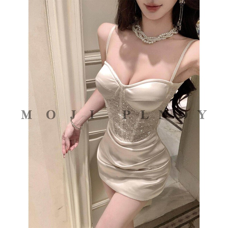 MOJI PLNOY重工亮片拼接杏色抹胸连衣裙辣妹修身收腰显瘦包臀短裙