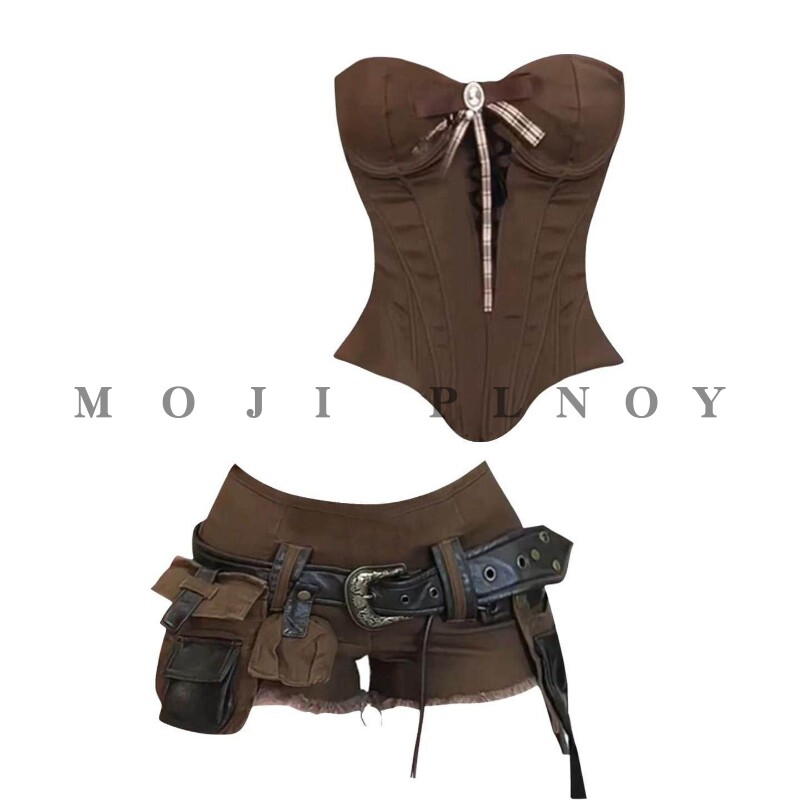 MOJI PLNOY美式辣妹蝴蝶抹胸鱼骨上衣女春季设计感口袋牛仔裤套装