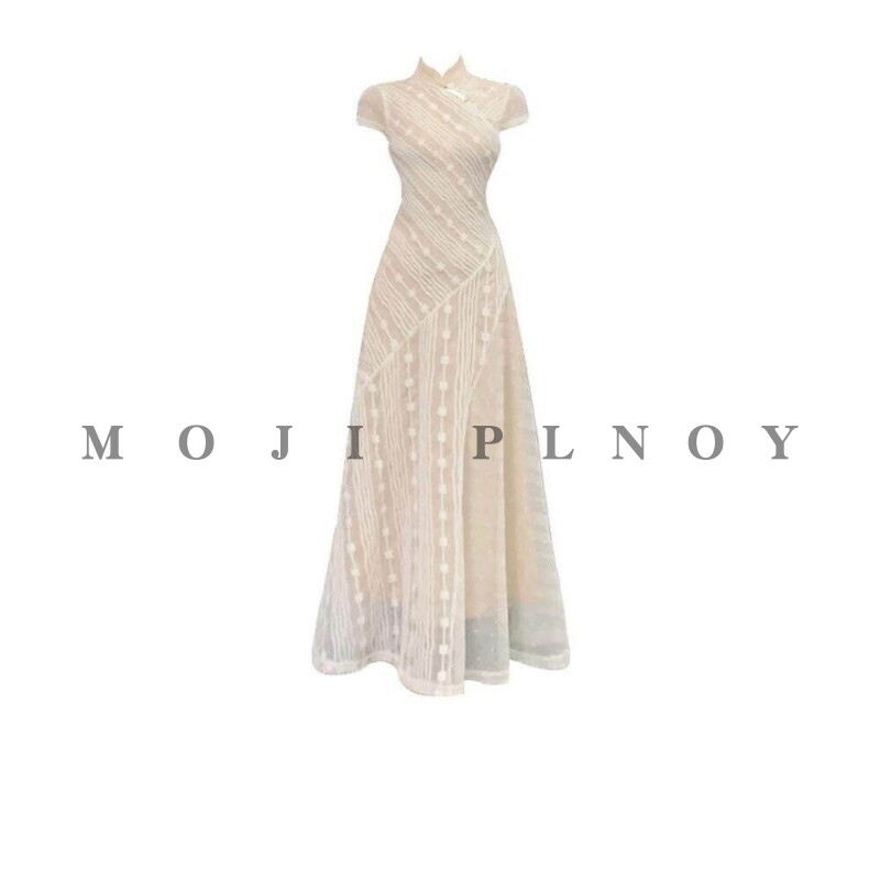 MOJI PLNOY白色蕾丝连衣裙女夏季新中式改良旗袍收腰显瘦薄纱长裙
