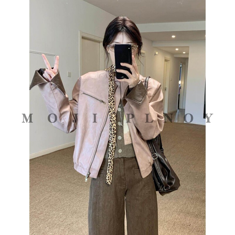 美式复古粉色立领皮衣外套女秋季