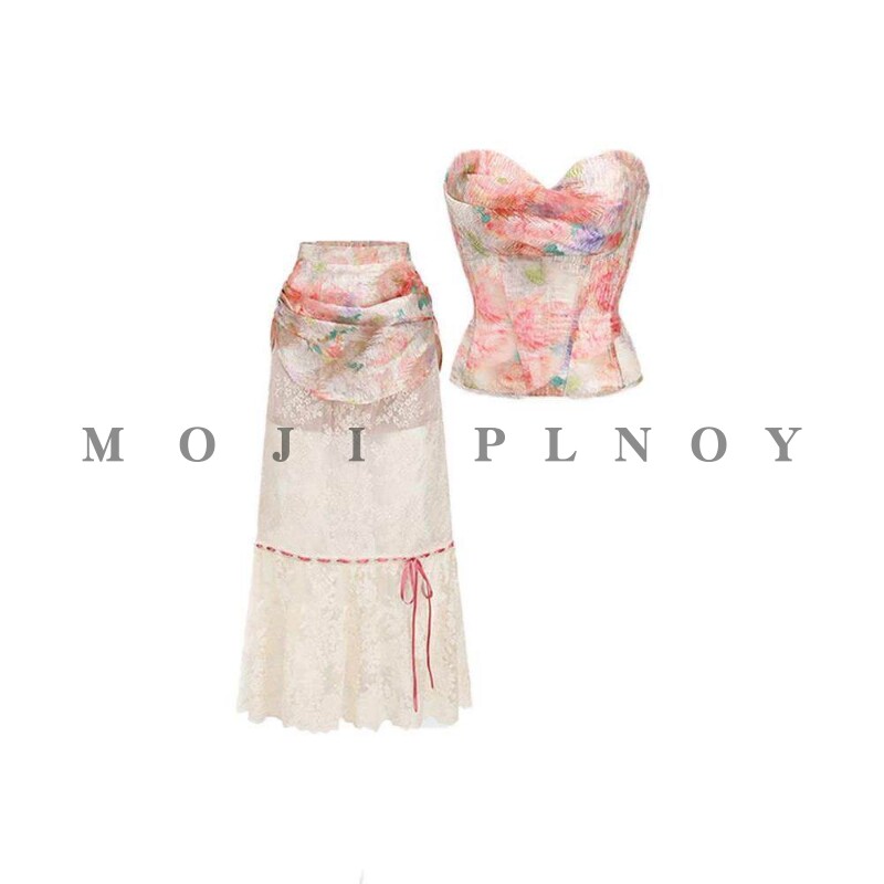 MOJI PLNOY法式油画风鱼骨抹胸上衣女2026春季性感度假半身裙套装