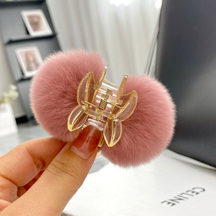 【可爱小毛球发夹】ins真獭兔毛抓夹秋冬网红樱桃小夹子毛绒发饰