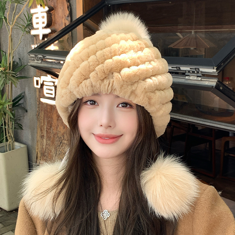 可爱冬季獭兔毛护耳帽子毛线帽子