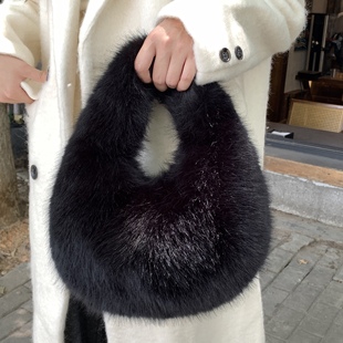 秋冬日韩高级感手提毛毛包女毛绒包仿狐狸毛皮草包包可爱手拎小包