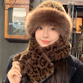复古豹纹毛绒盆帽女秋冬围巾两件套防寒保暖仿皮草蒙古帽围脖套装