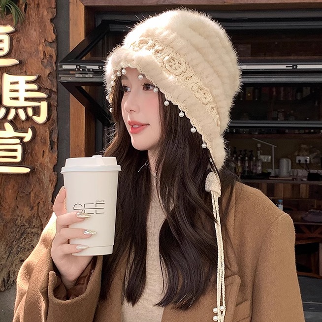 韩国毛毛帽子真水貂毛皮草帽韩版冬季百搭保暖毛线针织包头帽女