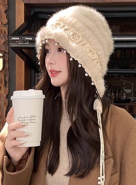 复古钩花珍珠水貂毛针织包头帽女
