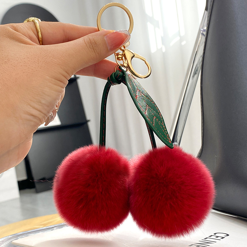 REAL OTTER RABBIT FUR SMALL CHERRY CAR KEY CHAIN PENDANT INS PLUSH BALL CUTE SCHOOLBAG BAG ORNAMENT GIFT WOMEN
