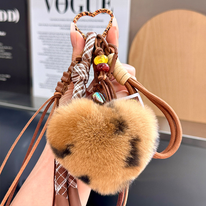 真獭兔毛豹纹美拉德色系爱心毛球汽车钥匙扣挂件心型毛绒包包挂饰