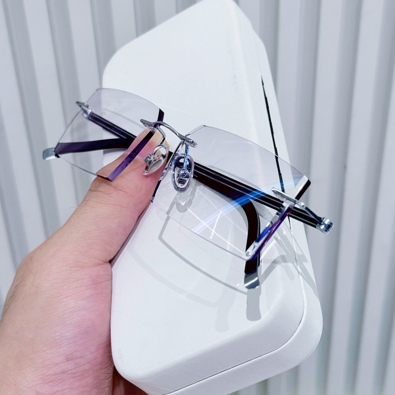 配近视眼镜男成品钻石切边纯钛无框眼睛架平光变色防雾防辐射眼镜