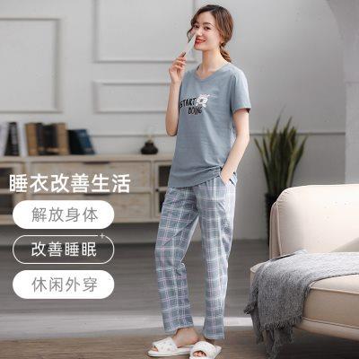新一步纯棉家居服两件套装短袖长裤薄款居家服可出门外穿睡衣女夏