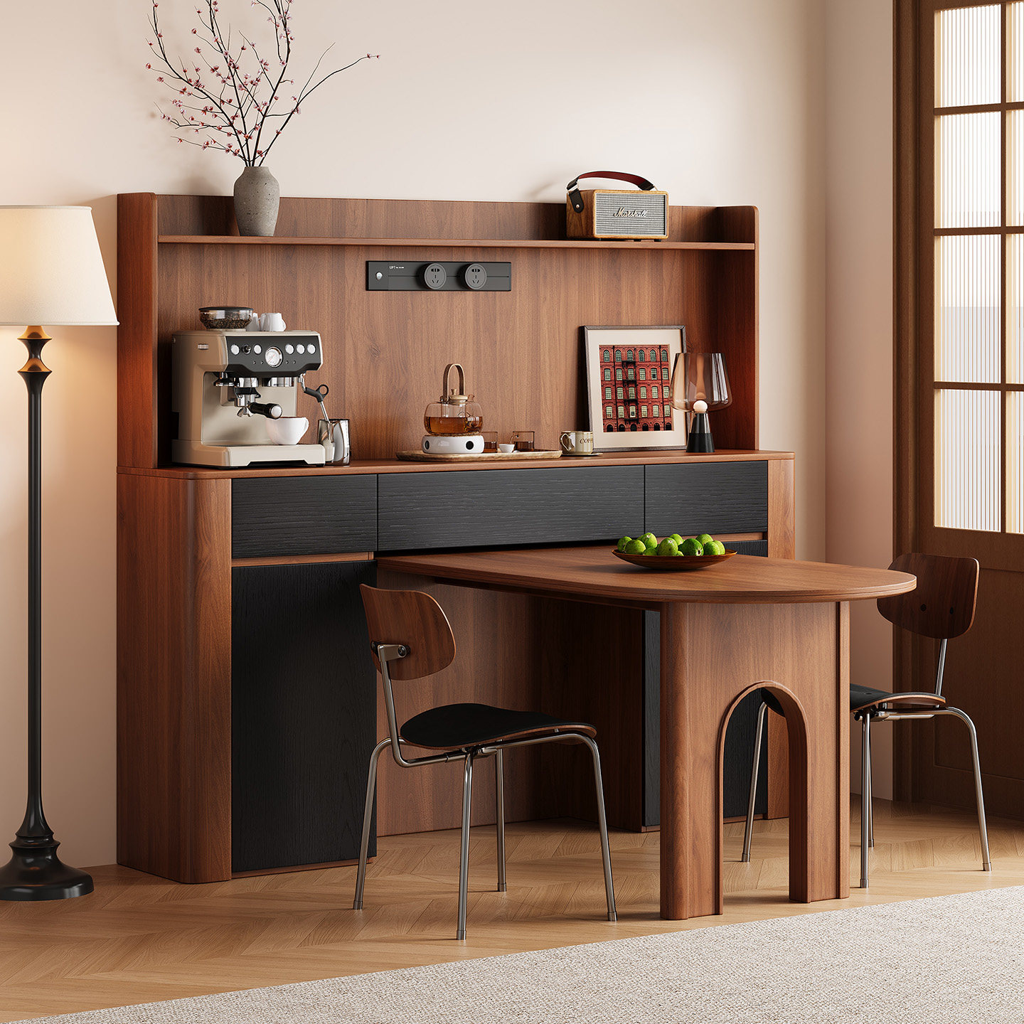 中古风嵌入式餐桌餐边柜靠墙一体小户型半高落地收纳咖啡机置物柜