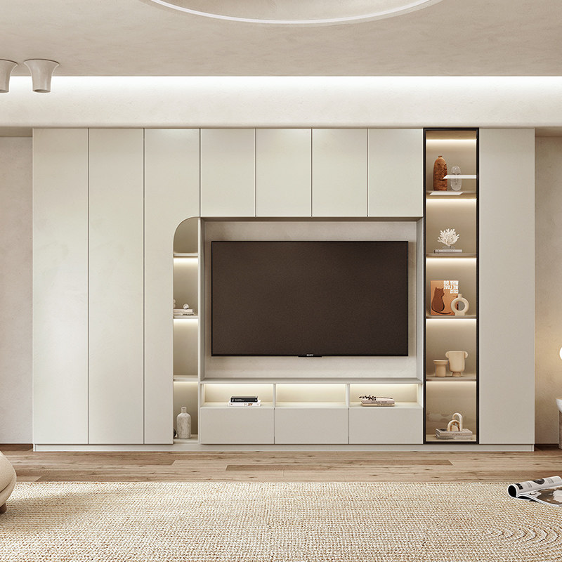 实木加高电视柜储物柜一体客厅整体电视机背景墙柜轻奢玻璃收纳柜