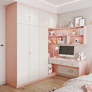 实木衣柜书桌一体转角组合收纳柜家用卧室儿童房女孩粉色衣橱定制