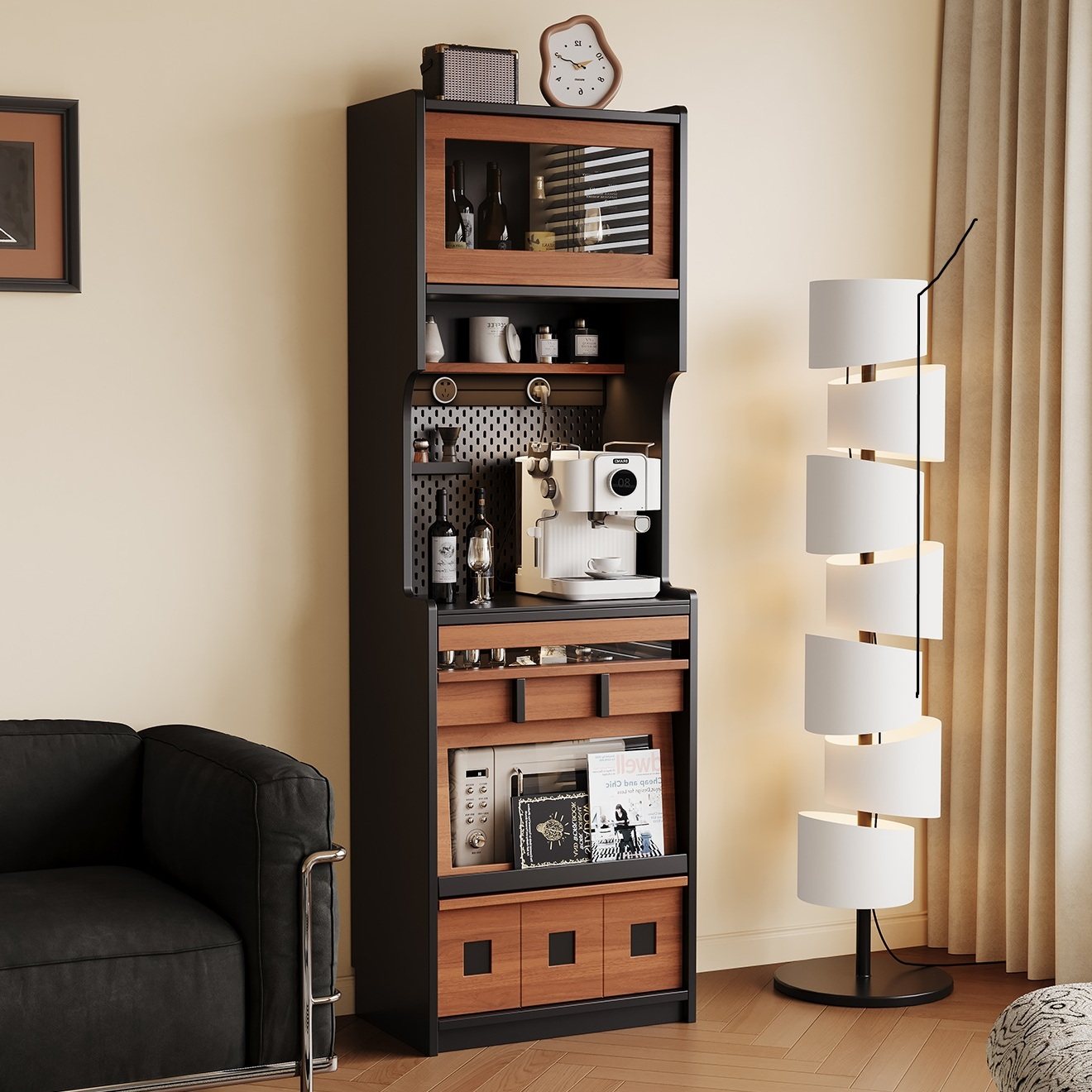 中古风岩板餐边柜客厅靠墙窄高柜多功能咖啡机置物柜小型茶水橱柜