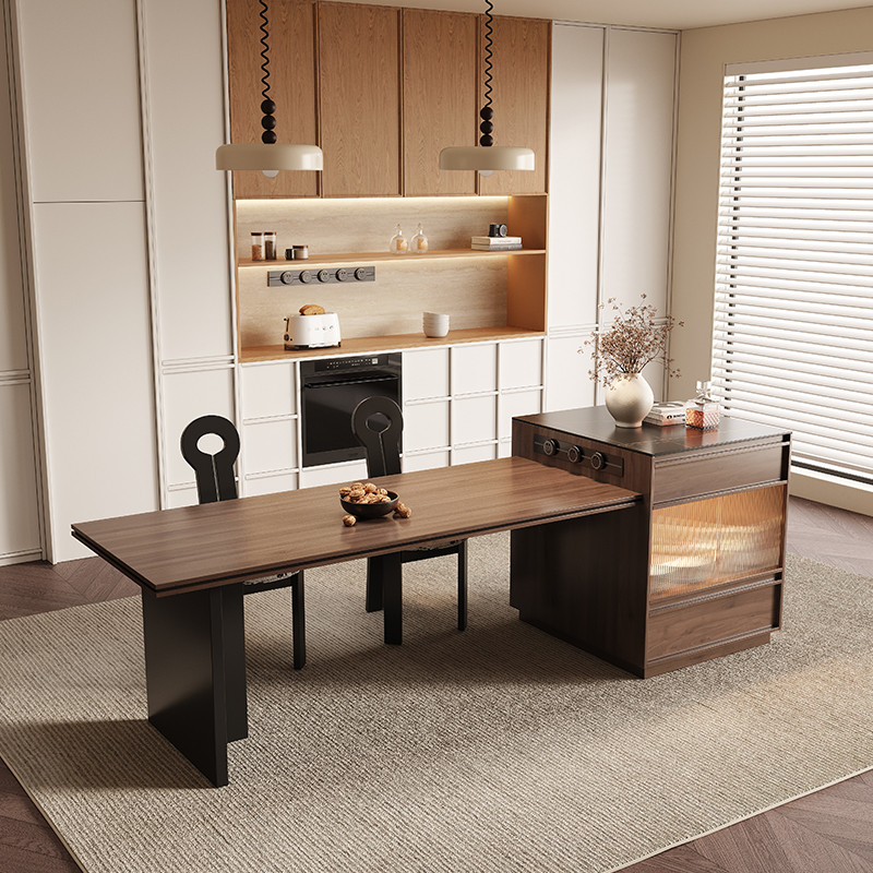 中古风岛台餐桌一体家用可伸缩小户型岩板中岛台厨房吧台储物柜