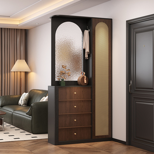 中古风实木玄关柜入户正对门客厅隔断屏风藤编鞋柜高级感储物高柜