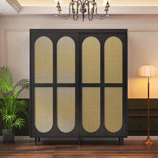 广东佛山新中式实木藤编衣柜卧室家用黑胡桃色全挂式推拉门收纳柜