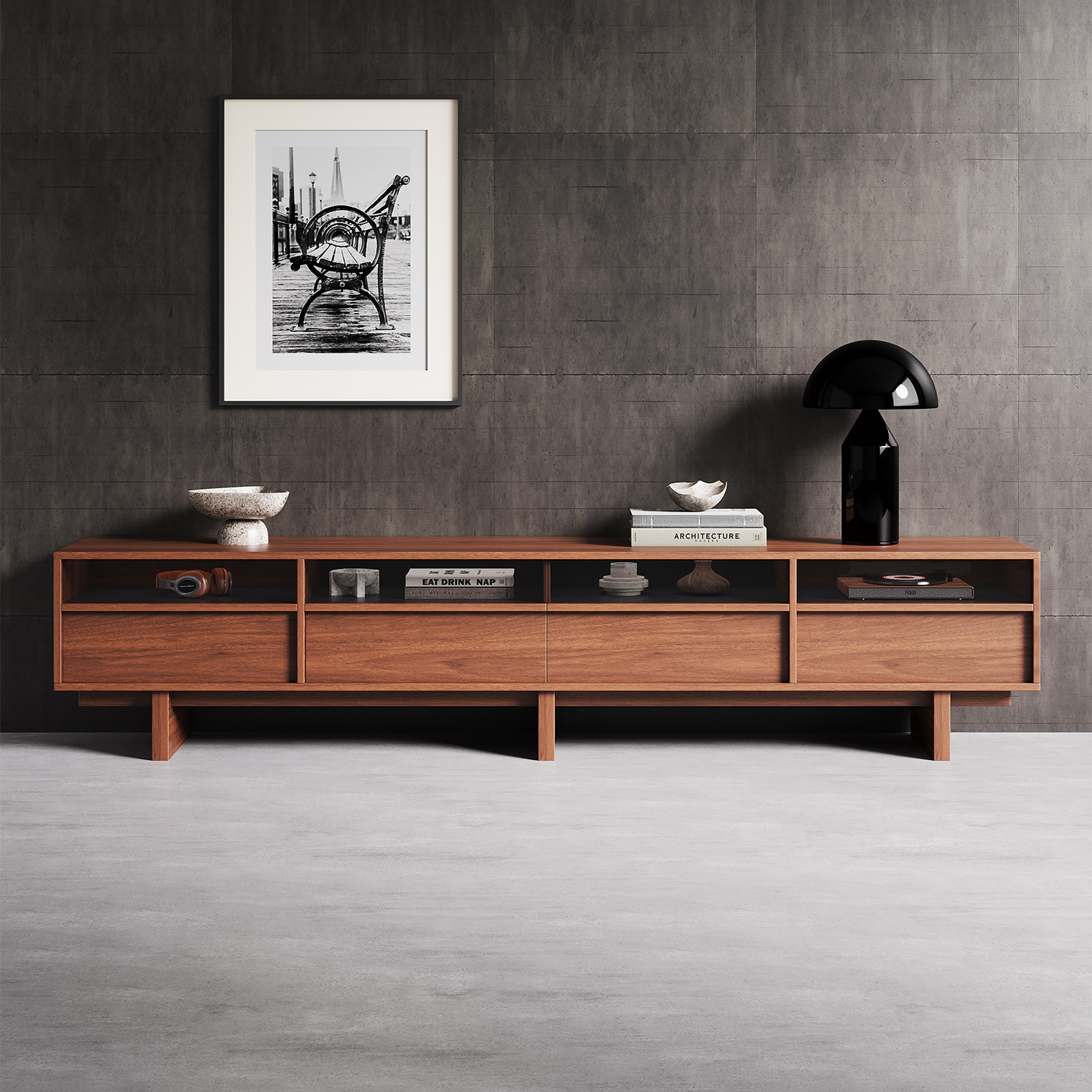 中古风落地电视柜客厅家用收纳展示柜骨骼线复古边柜胡桃木色立柜