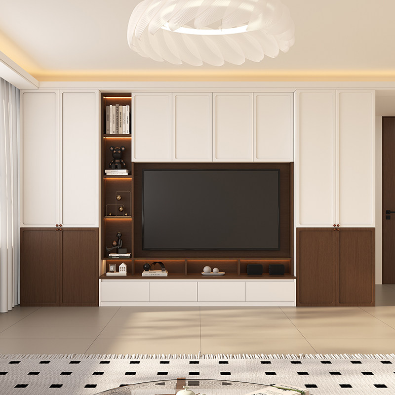 中古风满墙电视柜收纳储物柜一体客厅背景墙复古落地整体高柜定制