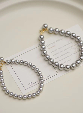 正圆强光珍珠手链银灰蓝仿真多麻色小众设计气质简约轻奢高级经典