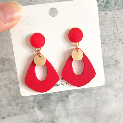 韩版几何夸张风百搭红色流苏耳环