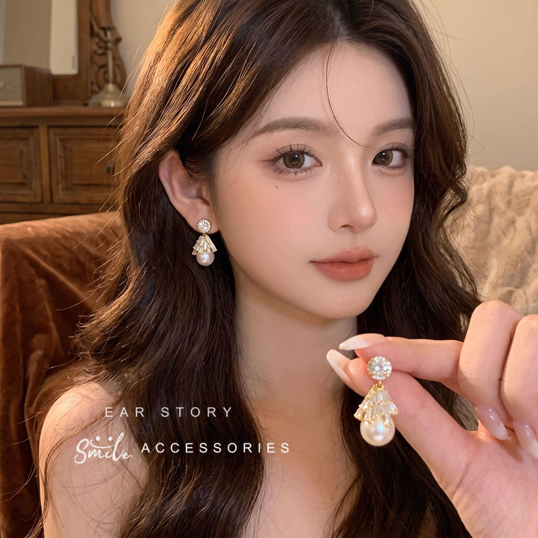 铜合金超闪锆石珠珠轻奢百搭耳钉
